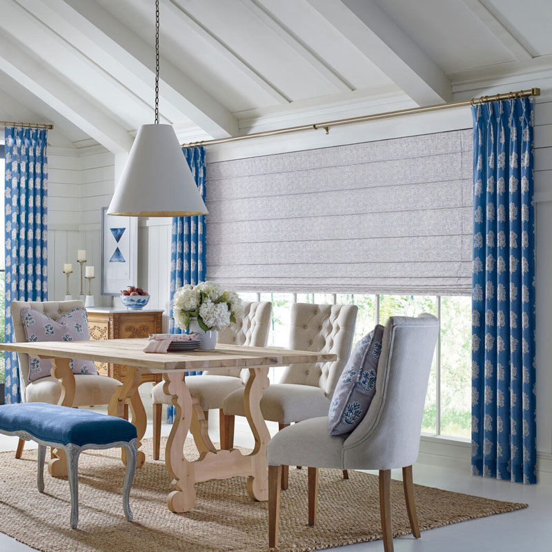 blue drapes at kitchen table