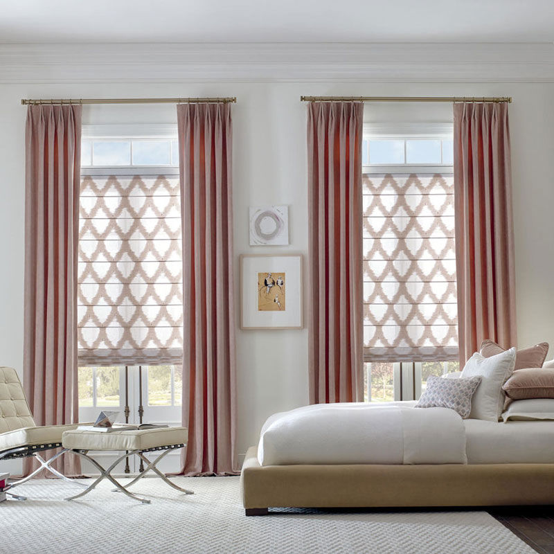 red roman shades and bed